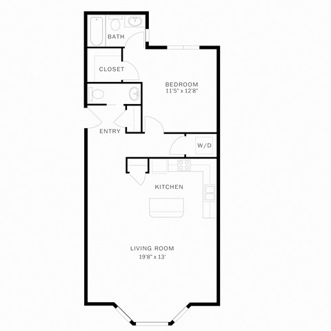 Floor plan for 1 bed, 1 bath, 890 sqft